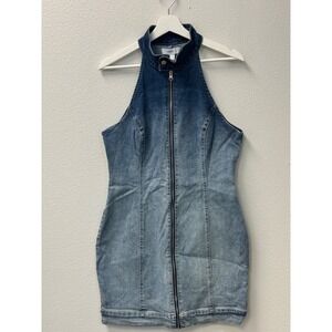 Forever 21 Denim Mini Dress Blue Ombre Halter Sleeveless Full Zip